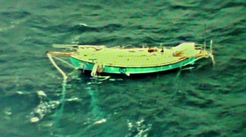Indian Navy Ace Sailor Abhilash Tomy who was injured and incapacitated day before has been tracked by the Indian Navy Reconnaissance aircraft. As seen, boat mast broken and hanging on the side. (Photo: Twitter | ANI)