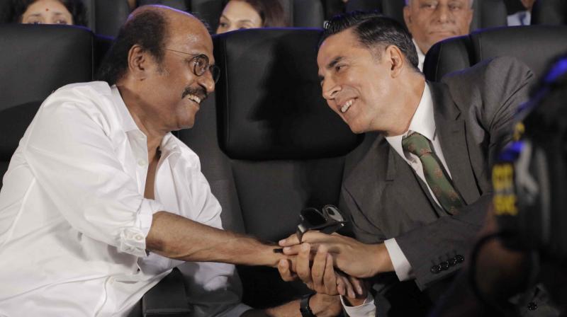 Rajinikanth and Akshay Kumar at 2.0 trailer launch in Chennai. (Photo credit: Viral Bhayani)