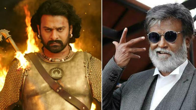 A still of Prabhas from Baahubali 2: The Conclusion, and Rajinikanth.