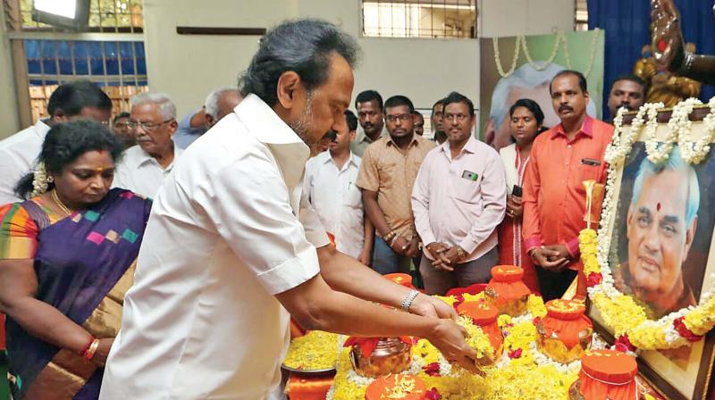 M.K Stalin offers floral tributes to Vajpayees ashes at the BJP office in the city on Thursday.  (Image: DC)