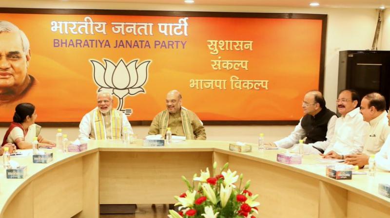 Glimpses of BJP Parliamentary Board Meeting at BJP HQ, New Delhi. (Photo: Twitter | Amit Shah)