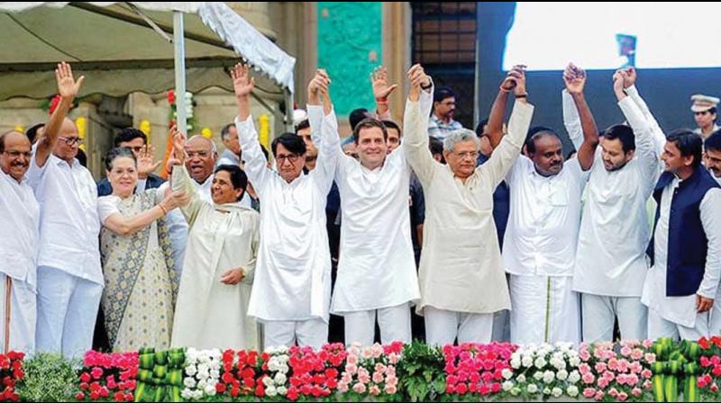 A file photo of the leaders who attended the swearing-in ceremony of H.D. Kumaraswamy as CM on May 23 last year. They included Sonia Gandhi, Rahul Gandhi, Sharad Pawar and Sitaram Yechury.
