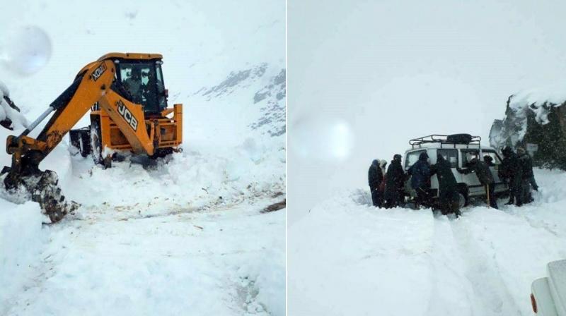 Himachal Pradesh: Snow clearing operations were started earlier on Monday by the district administration on the Highway from Kaza to Gramphu in Lahaul-Spiti district. (Photo: ANI)