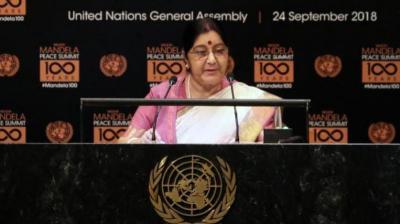 Swaraj attended the high-level event on counter-narcotics hosted by US President Donald Trump and addressed the Nelson Mandela Peace Summit. (Photo: Twitter | @MEAIndia)