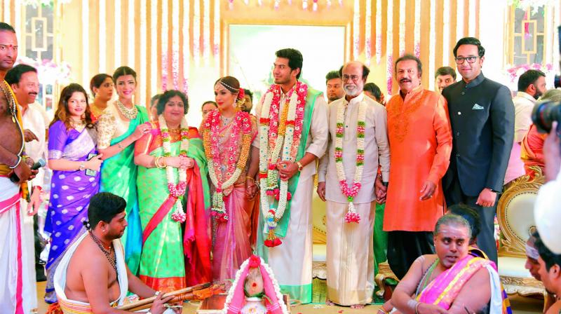 Mohan Babu with his family members  Viranica, Lakshmi and Vishnu with the newly-weds.