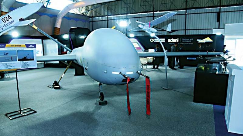 HERMES, an Unmanned Aerial Vehicle, on display at the stall of  Adani Defence & Aerospace at Aero India 2019 	 DC