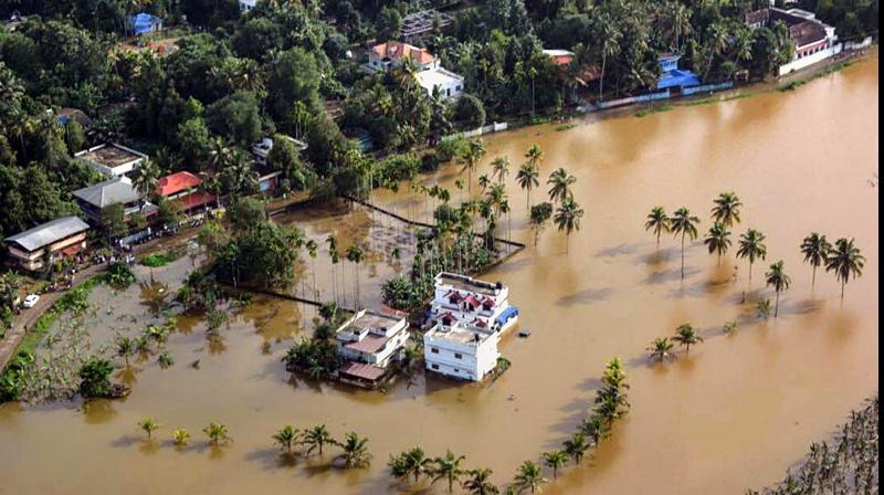 An aerial view of the flooded locality of Aluva after heavy rains, in Kerala on Friday. (Photo: PTI)