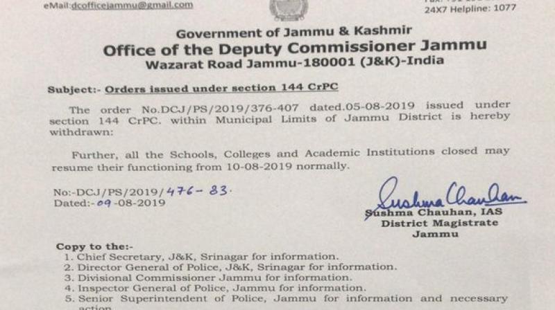 Section 144 withdrawn in Jammu