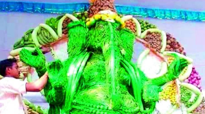 Ganesh idol decked up with vegetables at Mehdipatnam Rythu Bazaar on Wednesday. 	(Photo:DC)