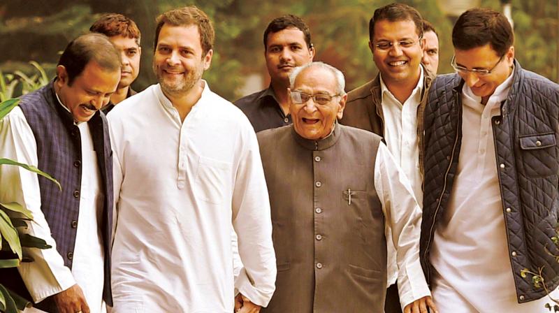 Congress vice-president Rahul Gandhi with party leaders at the AICC headquarters in New Delhi on Thursday. (Photo: PTI)