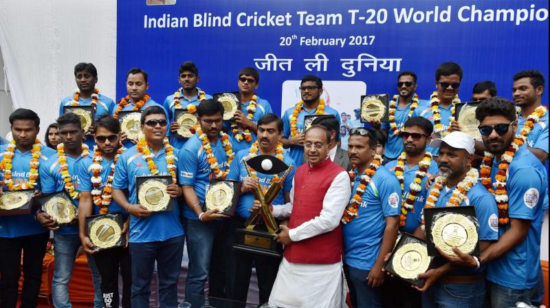 The victorious Indian blind cricket team felicitated by Sports Minister Vijay Goel. (Photo: PTI)