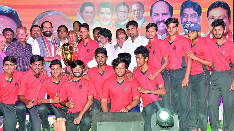 Hyderabad team pose with the trophy after beating Rajasthan in the final of the 28th Rajiv Gandhi Under-19 National Twenty20 Cricket championship that was conducted by the Cricket Federation of Hyderabad in Hyderabad.