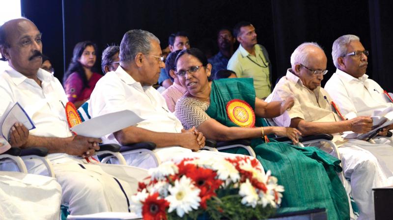 Health minister K.K. Shylaja shares a word with Chief Minister Pinarayi Vijayan during the inauguration of epidemics awareness programme on Monday in Thiruvananthapuram