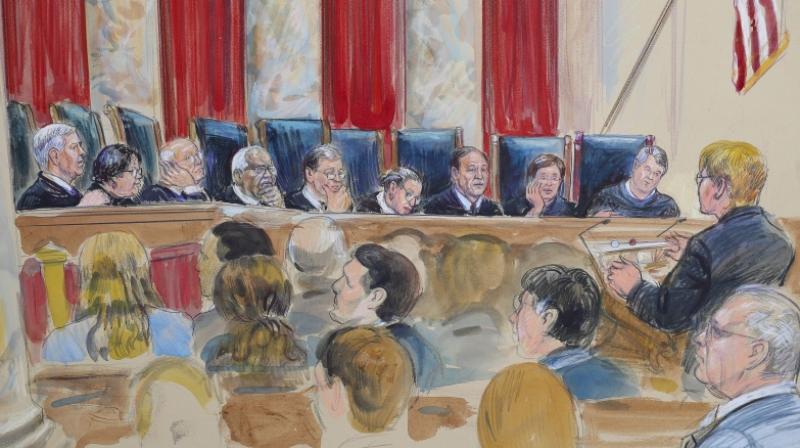 This courtroom sketch depicts Attorney Brenda G. Bryn, far right standing, speaking in front of from l-r, Associate Justice Neil Gorsuch, Associate Justice Sonia Sotomayor, Associate Justice Stephen Breyer, Associate Justice Clarence Thomas, Chief Justice of the United States John Roberts, Associate Justice Ruth Bader Ginsburg, Associate Justice Samuel Alito Jr., Associate Justice Elena Kagan and Associated Justice Brett Kavanaugh, at the Supreme Court in Washington. (Photo: AP)