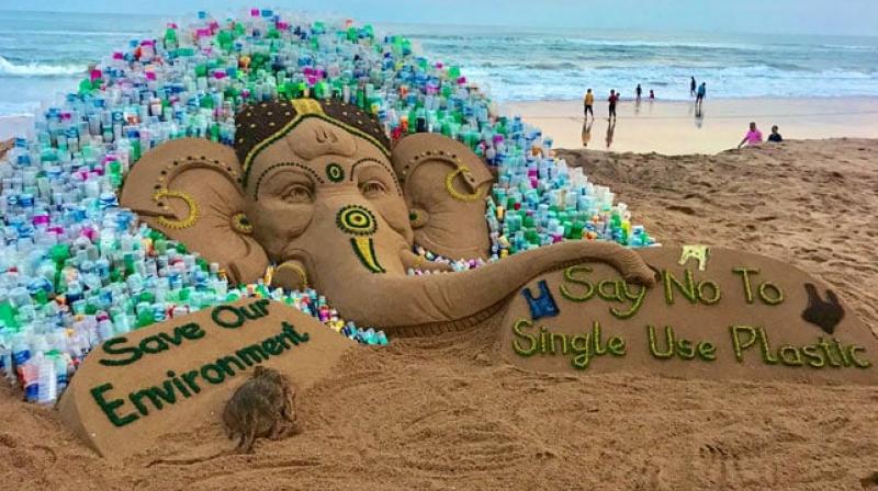 \Save environment\: Odisha artist creates sand Ganesha with 1,000 plastic bottles