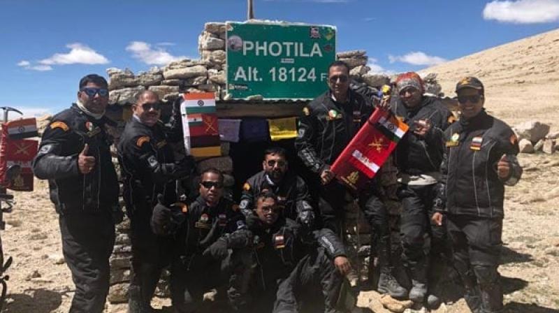 An eight-member expedition of the Indian Army Medical Corps (AMC) scaled eight of the worlds highest passes and rode over 1500 kilometres in Ladakh as a part of the AMC Motorcycle Expedition, the Indian Army said on Saturday. (Photo: ANI)