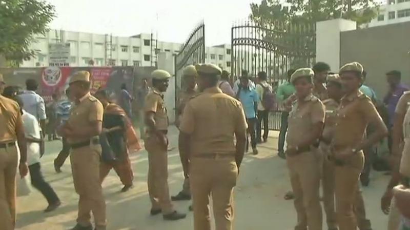 Visual from outside Meenakshi College Of Engineering in KK Nagar, Chennai where a student was stabbed to death. (Photo: ANI/Twitter)