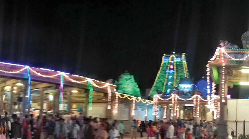The magnificent Sri Kapaleeswar temple in the city shines in glory when it was illuminated on Tuesday marking the Sani Peyarchi.