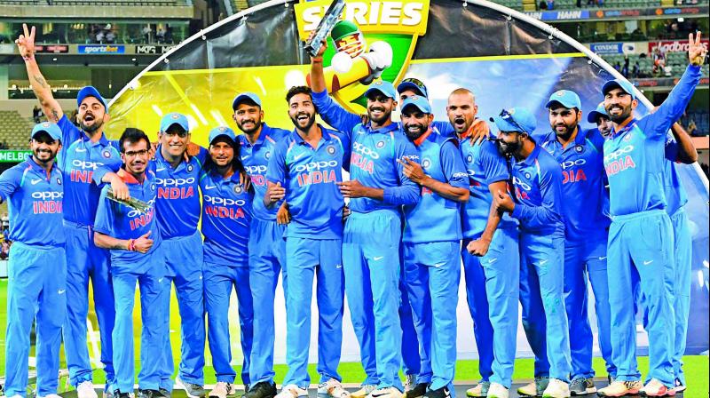 Team India  celebrate after winning the ODI series (2-1) against Australia on Friday. (Photo: AP)