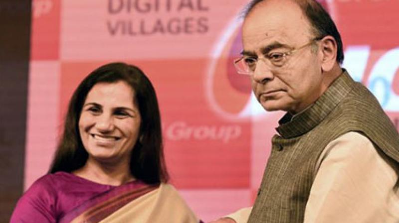 Union Minister of Finance, Defence and Corporate Affairs, Arun Jaitley with M D & CEO, ICICI Bank Chanda Kochhar during the launch of the 100 ICICI Digital Villages (Photo: PTI)
