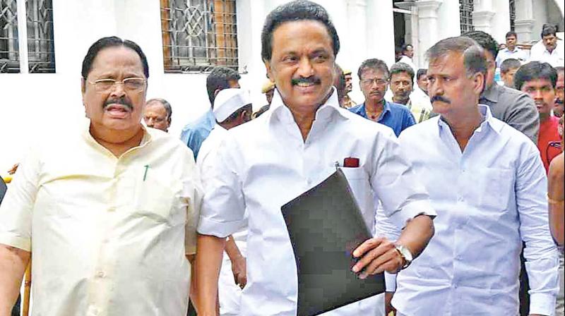 Opposition leader and DMK working president M.K. Stalin along with his party MLAs stages a walkout from the Assembly on Thursday.  (Photo: DC)