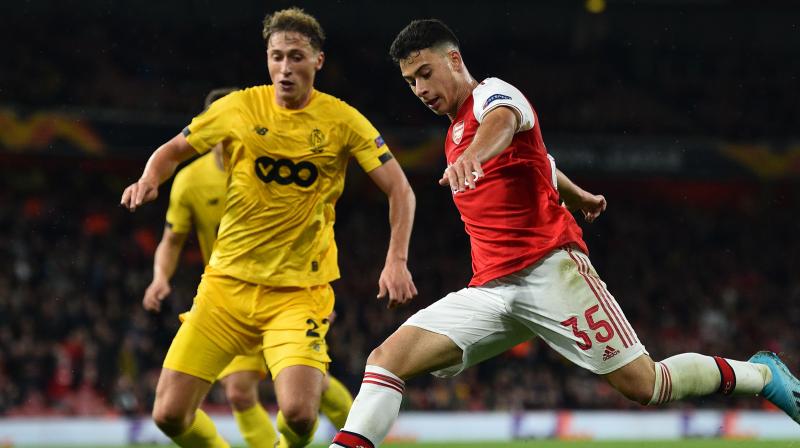 Eighteen-year-old Brazilian Gabriel Martinelli scored twice in two minutes with Joe Willock, 20, also on target as a youthful Arsenal blew away their Belgian opponents in a sensational start. (Photo:AFP)
