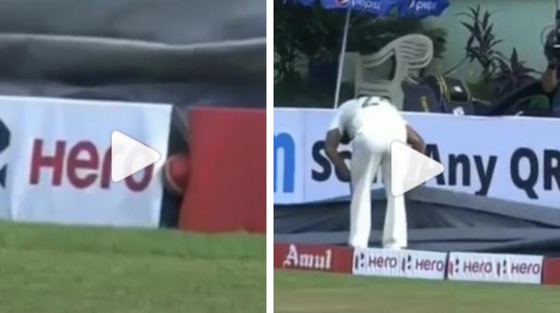 The ball eventually ended up being stuck between two advertisement boards. Following that, the Proteas fielders started searching for it  under the covers just in-front of the ball. (Photo: Screengrab/Instagram)
