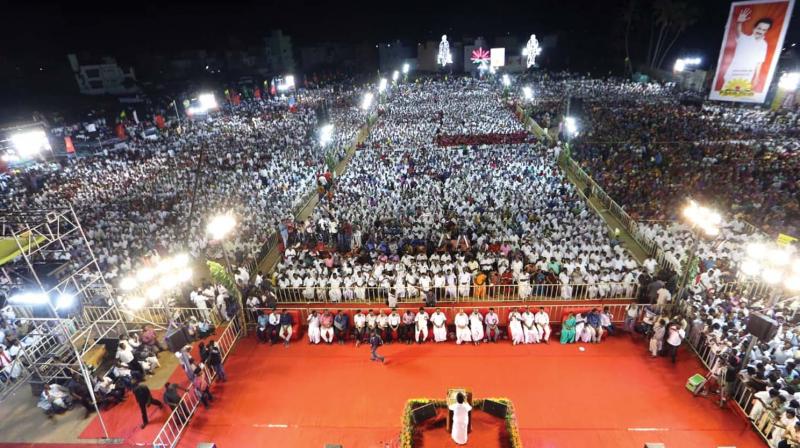 DMK president M.K. Stalin addresses a massive poll rally at Thiruvannamalai on Saturday.	 (DC)