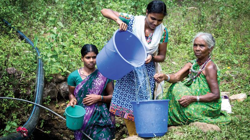 Tribal women collect water from a well. 	( Photos: Suresh E.G.)