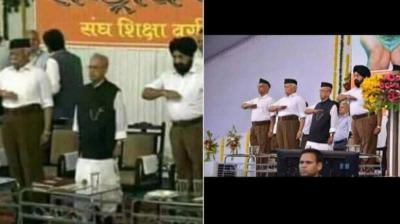 The morphed photo (right) of former President Pranab Mukherjee at the RSS event in Nagpur. (Photo: Twitter | @RuchisharmaINC)