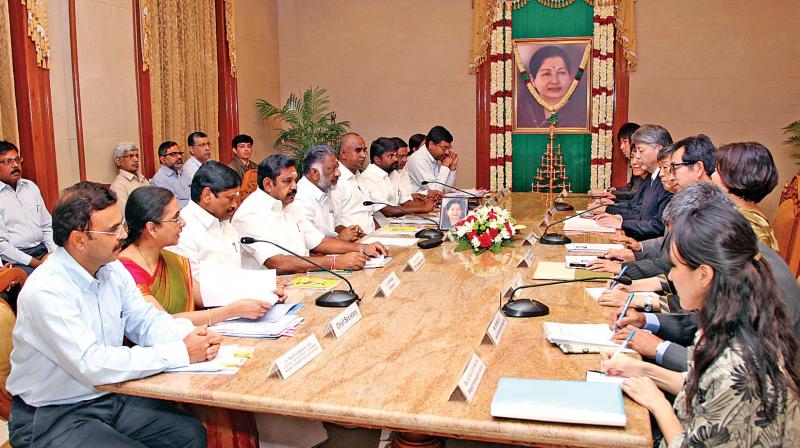 Shinichi Kitaoka, President, JICA and a high level team of  officials from JICA, meet Chief Minister O. Paneerselvam at the Secretariat on Friday (Photo: DC)