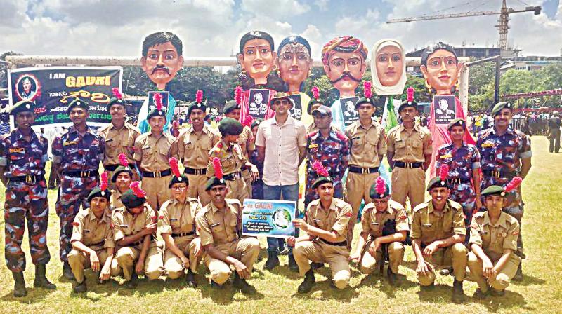 NCC cadets at the Naanu Gauri  campaign in Bengaluru 	(Photo:DC)