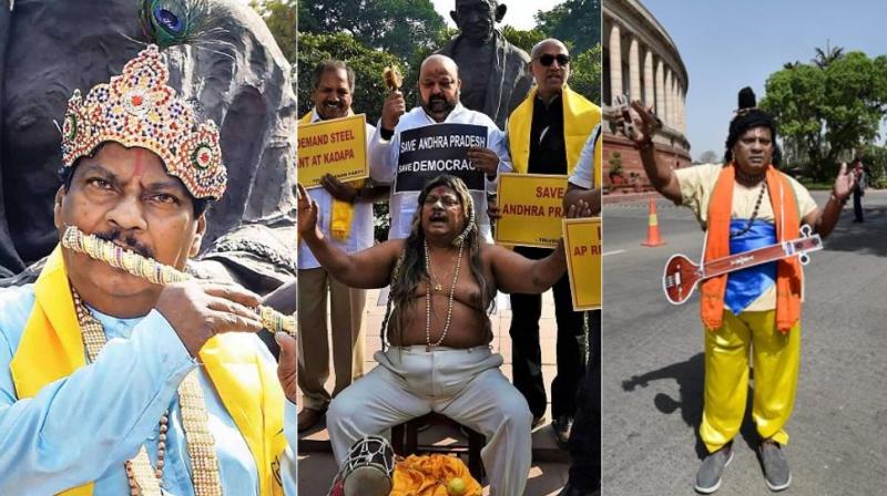 Parliament sessiosn have become a photographgers delight with Telugu Desam Party MP Naramalli Sivaprasad donning various outfits to protest against Narendra Modi government over special status for Andhra Pradesh. (Photos: PTI)
