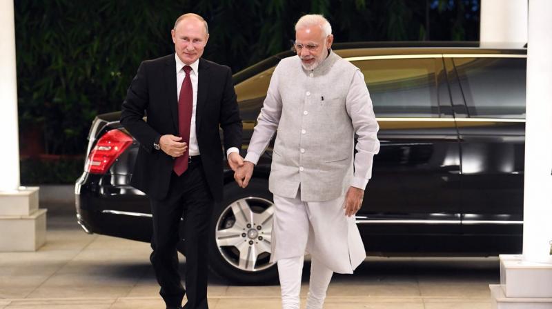 PM Modi and Russian president Vladimir Putin are expected to review bilateral defence cooperation in the wake of the US sanctions against Russian defence majors. (Photo: Twitter | @narendramodi)