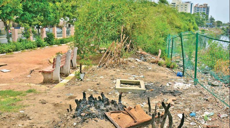 Uncleared debris and garbage dumped near the pathway along Cooum in the park on Langs Garden Road, Egmore. (Photo: DC)