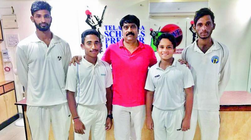 Rural players from Telangana selected to play in the Tamil Nadu Cricket Associations fourth division league matches in Chennai pose with Cricket Association of Telangana founder secretary Sunil Babu Kolanpaka.
