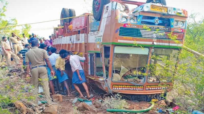 The overturned truck in Krishnagiri on Monday.  (Image DC)