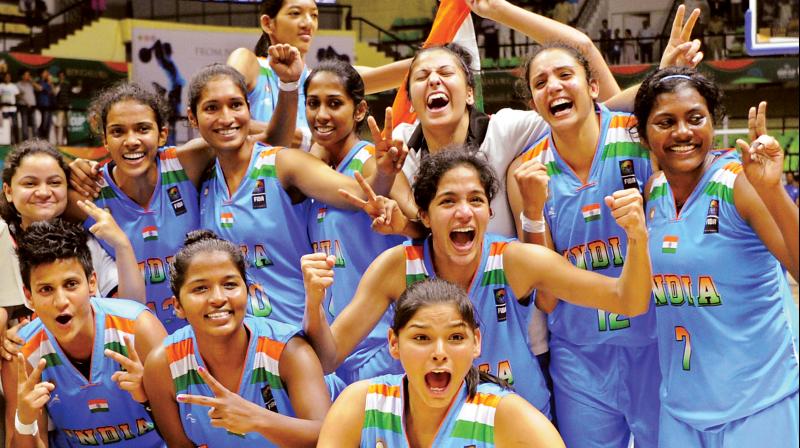 Indian team celebrate after defeating Kazakhstan in the Division B final of the FIBA Womens Asia Cup on Saturday. (Photo: R. SAMUEL)