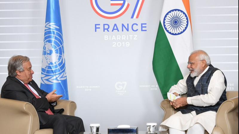 Modi met Guterres on the sidelines of the G-7 Summit being held in this picturesque southwestern seaside French town. (Photo: Narendra Modi | Twitter)