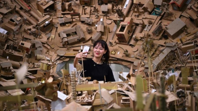 Discarded cardboard boxes make for an eye-catching art piece