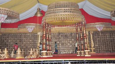 The grand stage for minister Ramesh Jarkiholi’s son’s wedding in Gokak. (Photo: DC)
