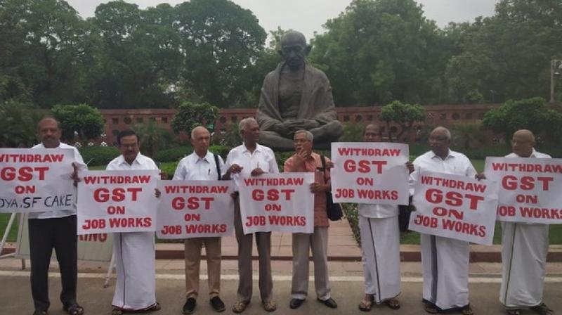 CPI(M) MPs protest in Delhi against GST on job works