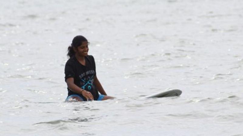Tanvi, a first year pre-university student at Sharadha PU college in Mangaluru, started surfing at the age of 14 at Mantra Surf Club. (Photo: Tanvi Jagadish/ Facebook)