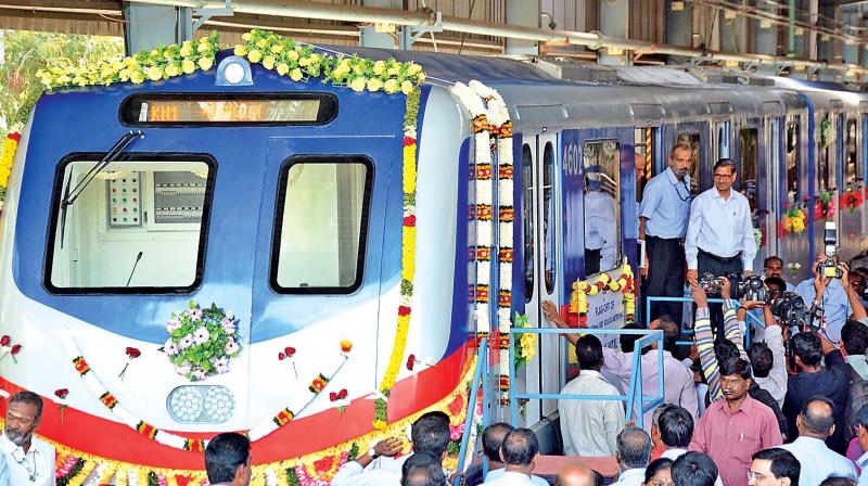 A.K. Mittal, chairman railway board, and S. Mani, general manager of Integral Coach Factory, on Tuesday inspect the new train designed for Kolkata metro.  (Photo: DC)