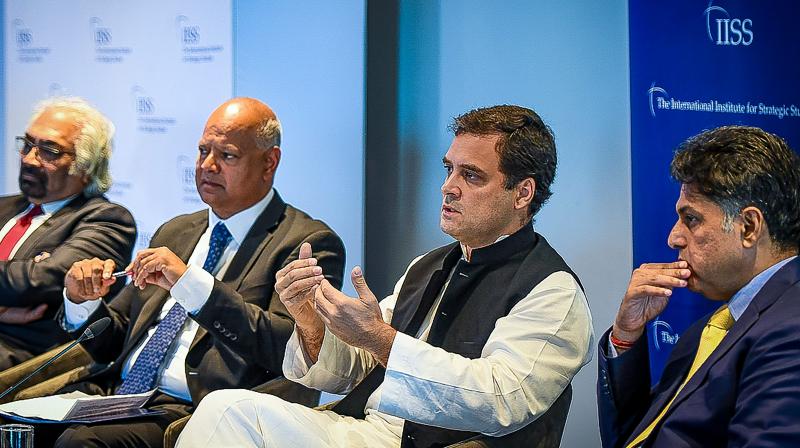 Congress President Rahul Gandhi in a panel at International Institute for Strategic Studies (IISS), in London on Friday. (Photo: PTI)