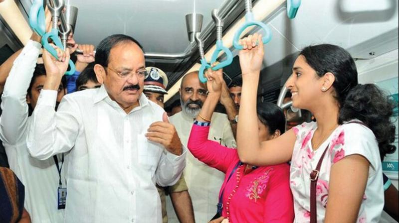 Vice-President M Venkaiah Naidu during a metro ride from Maharajas to Edapally in Kochi on Monday. (Tweet by VP)