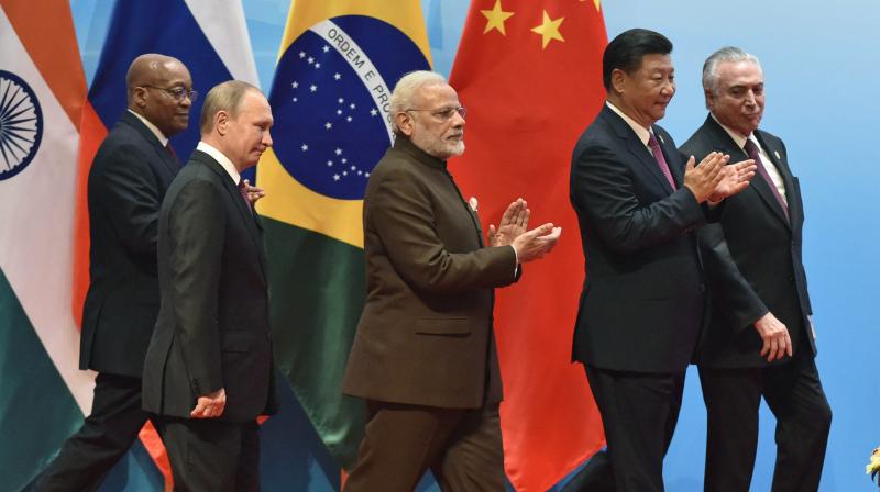 BRICS leaders from right to left, Brazilian President Michel Temer, Chinese President Xi Jinping, Indian Prime Minister Narendra Modi, Russian President Vladimir Putin, and South Africas President Jacob Zuma attend BRICS Business Council and Signing ceremony, at the BRICS Summit in Xiamen, Fujian province, China, Monday. (Photo: AP)