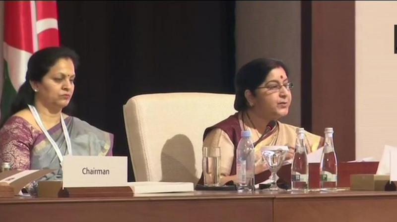 If we want to save humanity, we must tell the states who provide shelter and funding to terrorists, to dismantle the infrastructure of the terrorist camps and stop providing shelter and funding to the terror organisations based in that country, said Swaraj. (Photo: ANI)