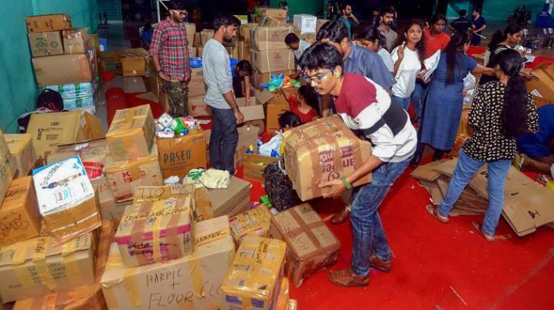 Various pickup points have been arranged for collection at EFLU, TISS, Banjara Hills, SMR Vinay City, University of Hyderabad, and all the collected material is likely to be transported this Friday depending on the condition of highways to Kochi by the Hyderabad team.(Photo: PTI)