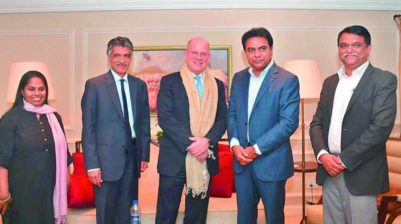 Telangana IT minister K.T. Rama Rao poses for photo along side General Electric chairman and CEO John Flannery in Hyderabad on Thursday (Photo: DC)